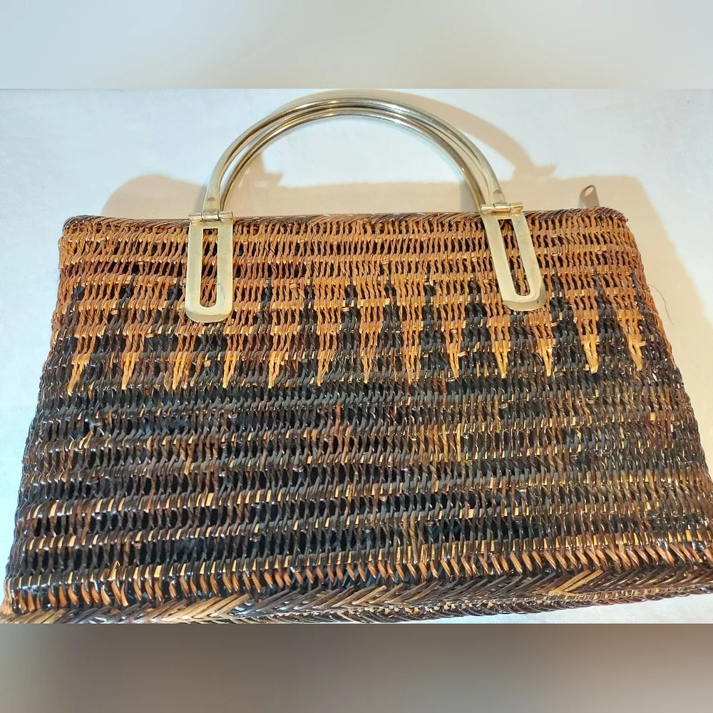Brown Wicker Woven Tote With Gold Handles - Picture 2 of 9